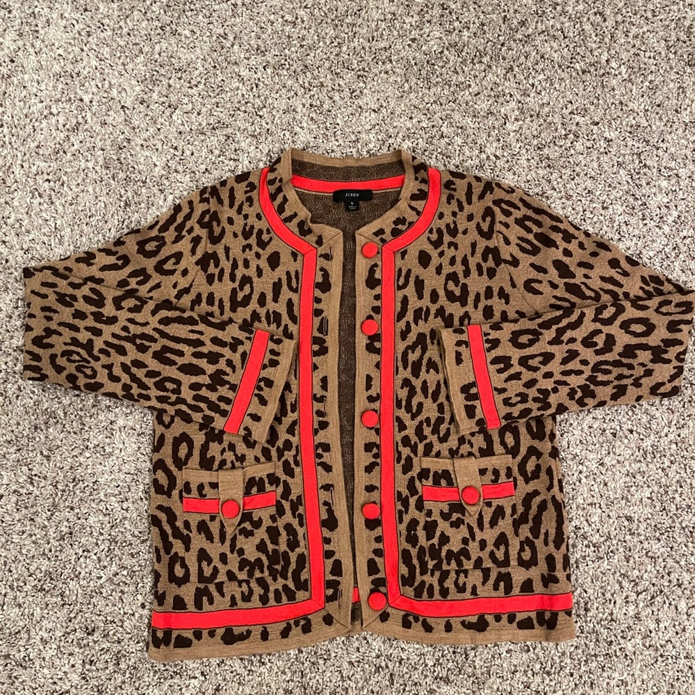 J. Crew Leopard Print Cardigan with Orange/Red Trim